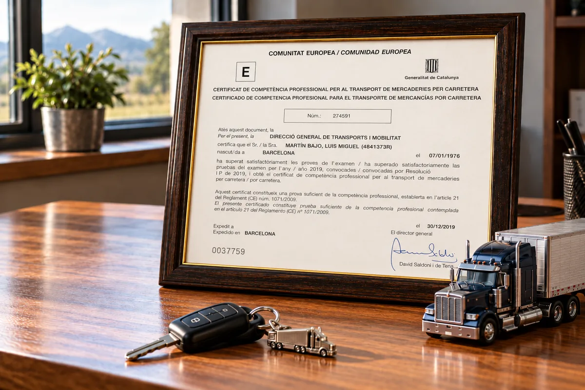 Certificado de competencia profesional para el transporte de mercancías enmarcado