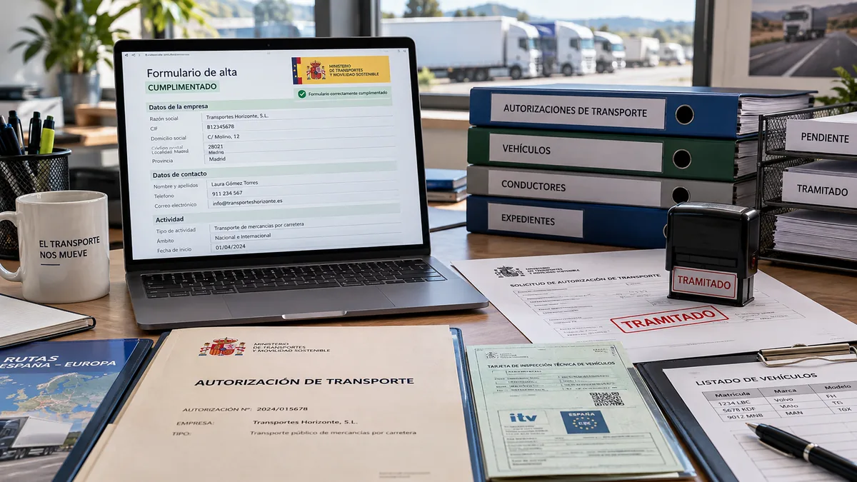 Formulario de alta cumplimentado y carpetas de autorizaciones en una cooperativa de transporte