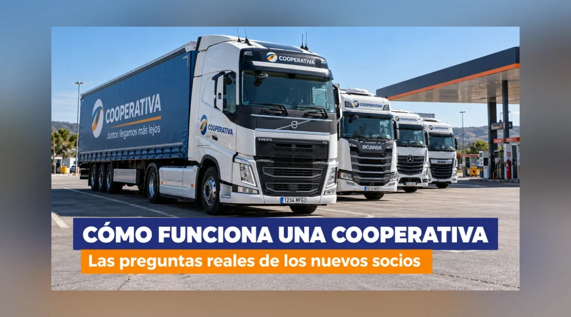 Cómo funciona una cooperativa de transporte: flota de camiones en un área de servicio española