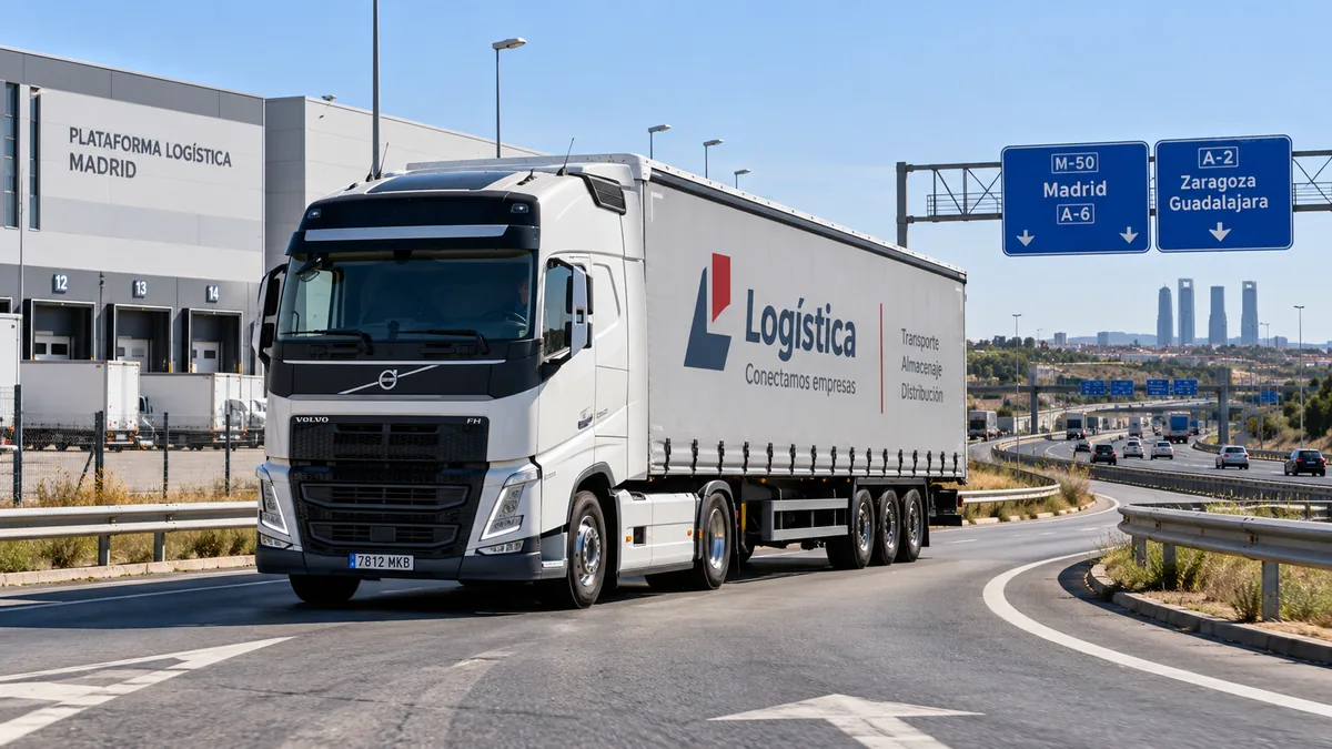 Camión saliendo de un polígono logístico de Madrid hacia la autovía