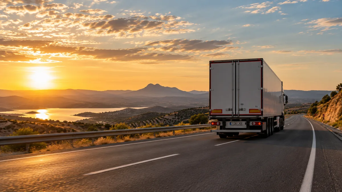 Transportista autónomo trabajando solo, camión en una carretera española al atardecer