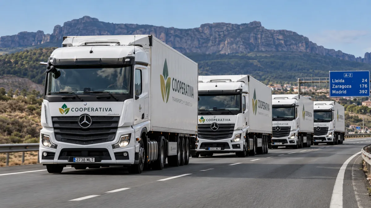 Flota de una cooperativa de transporte circulando por una autovía española