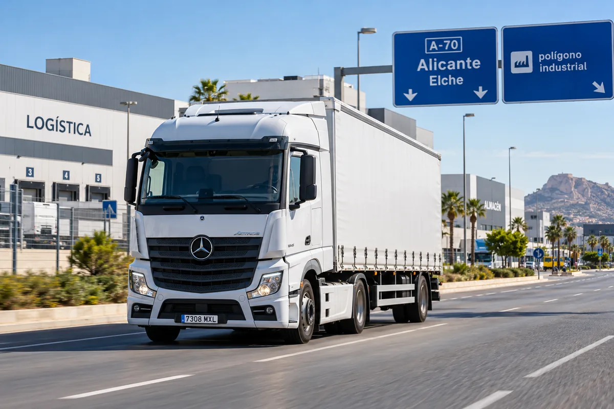 Camión circulando hacia Alicante y Elche por la A-70 junto a un polígono industrial
