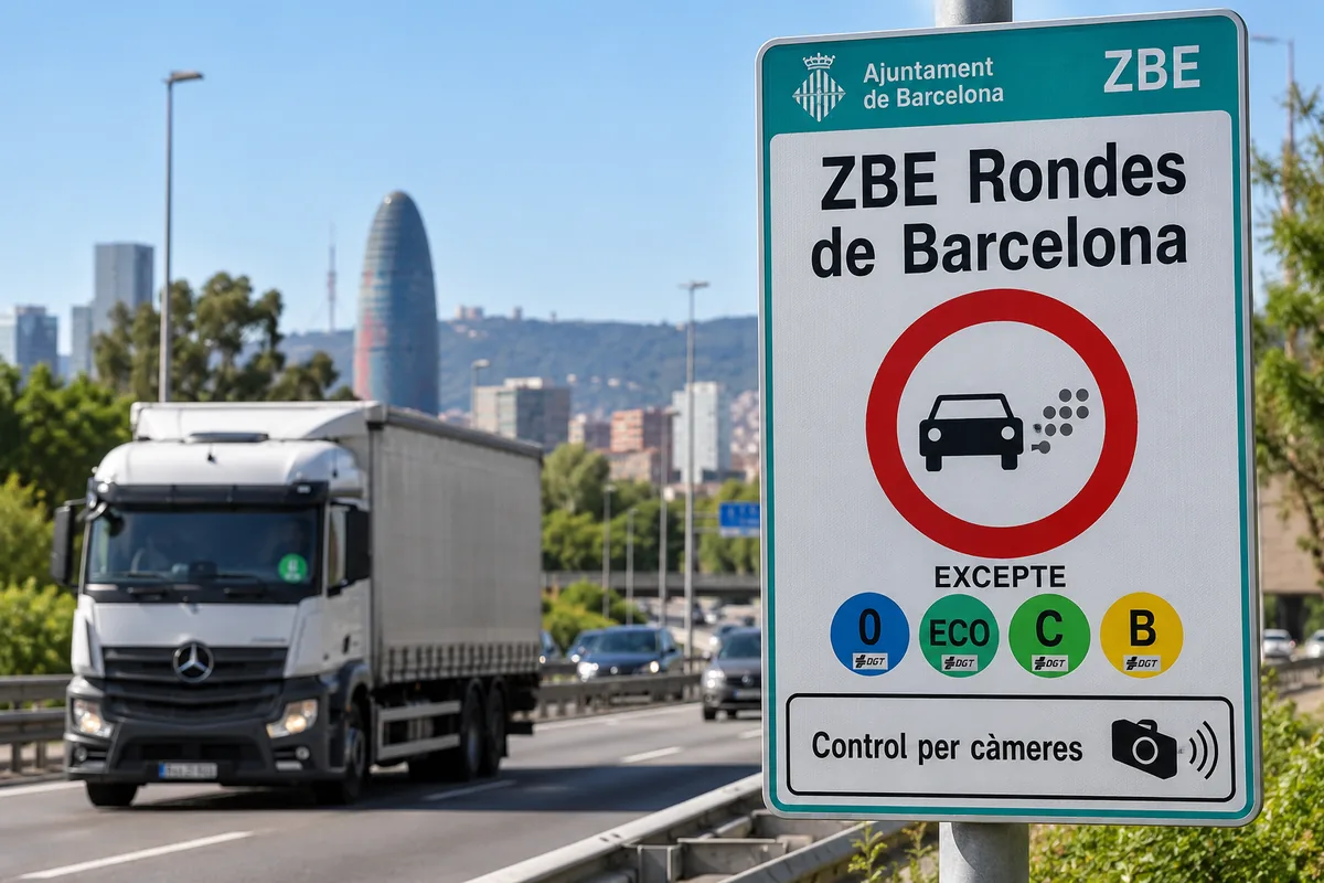 Señal de la Zona de Bajas Emisiones de las Rondes de Barcelona junto a un camión en circulación