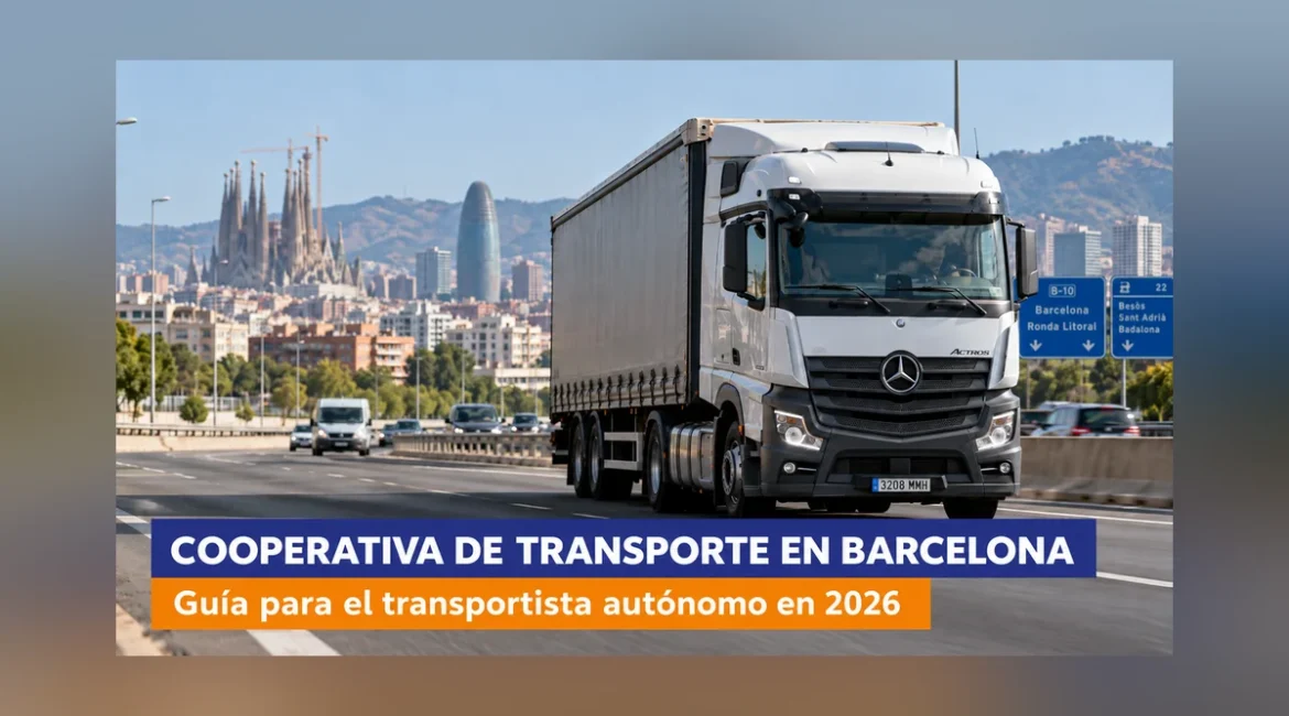 Cooperativa de transporte en Barcelona: camión en la ronda con la Sagrada Familia y la Torre Glòries al fondo
