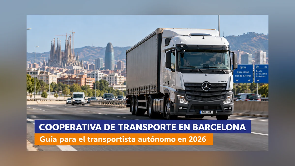 Cooperativa de transporte en Barcelona: camión en la ronda con la Sagrada Familia y la Torre Glòries al fondo