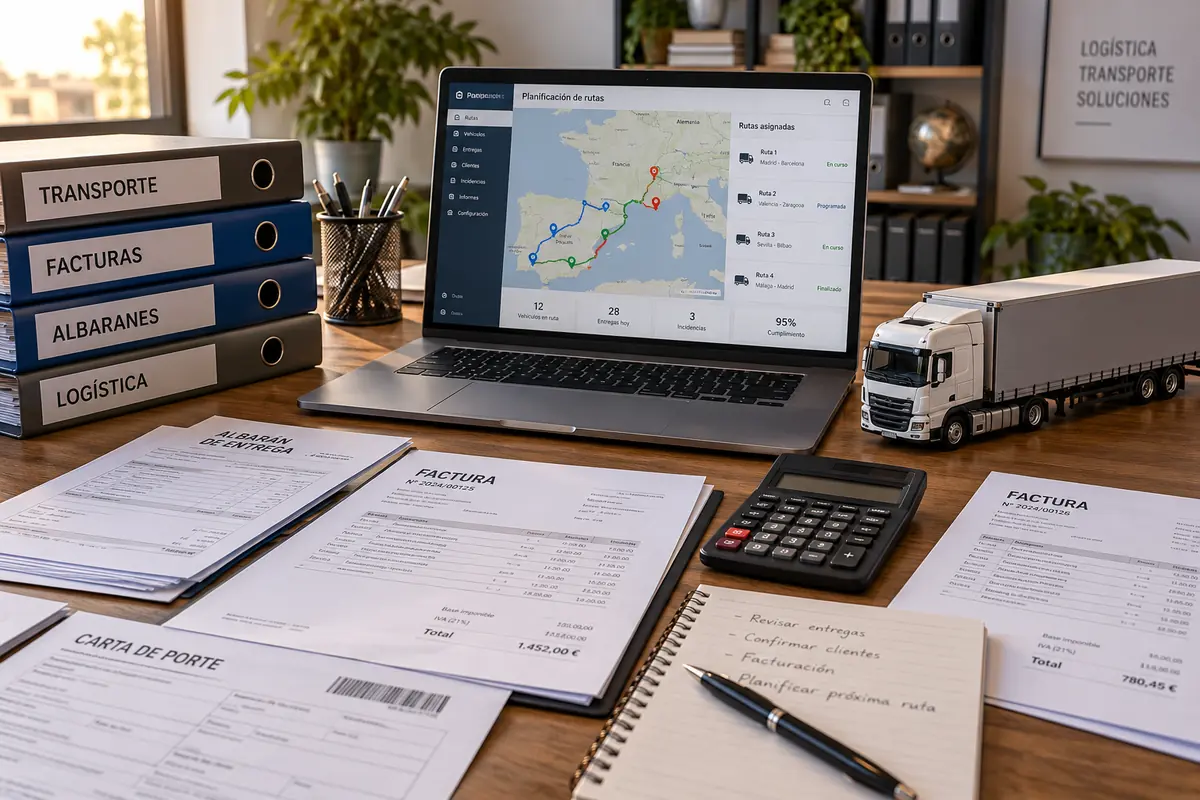 Mesa con facturas, albaranes y planificación de rutas que gestiona la cooperativa de transporte