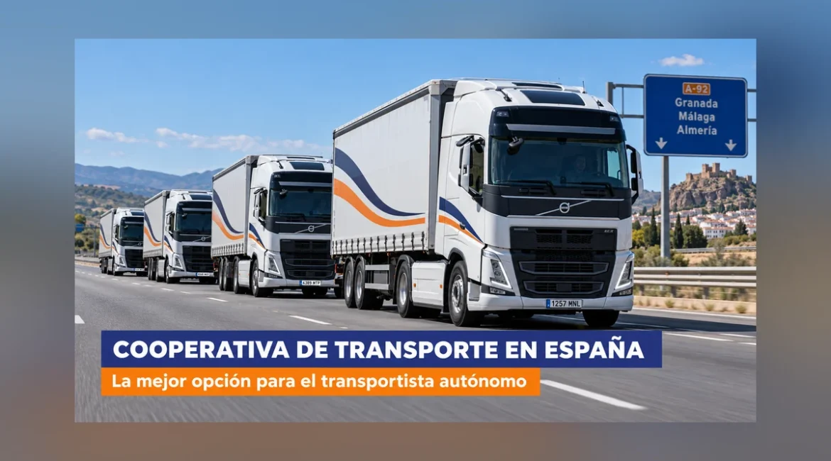 Cooperativa de transporte en España: convoy de camiones en autovía con paisaje andaluz