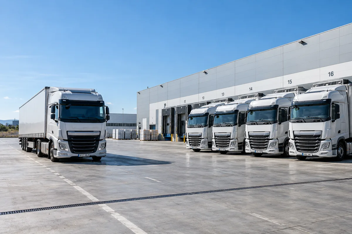 Camiones de una cooperativa de transporte en los muelles de carga de un centro logístico