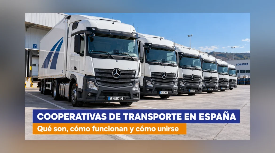 Cooperativas de transporte en España: flota de camiones alineados en una plataforma logística