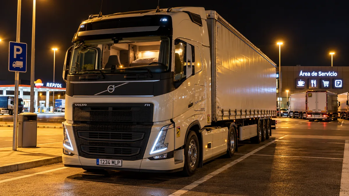 Camión pernoctando en un área de servicio española, gasto de manutención del transportista autónomo