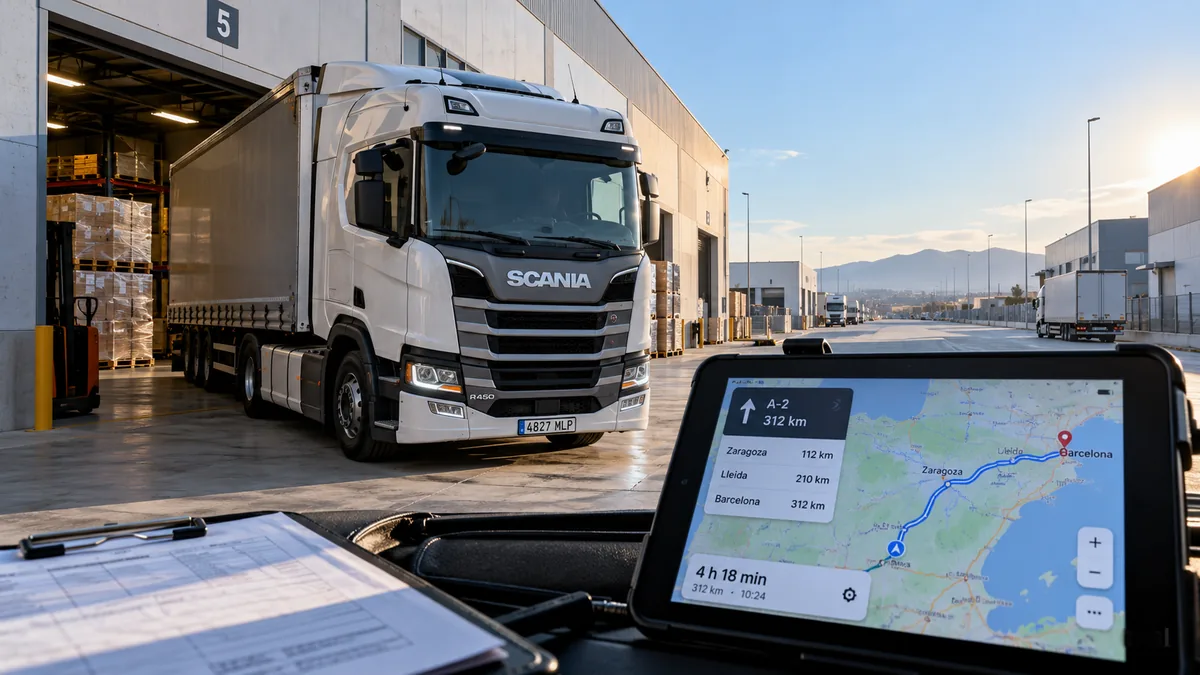 Camión y navegador con una ruta de transporte, oportunidad para el transportista autónomo en 2026