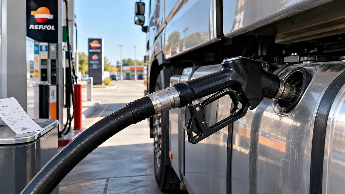 Camión repostando gasoil en una estación de servicio española, gasto deducible del transportista