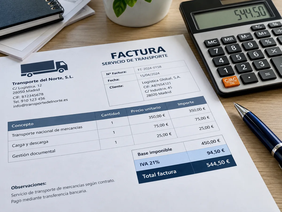 Factura de servicio de transporte con IVA al 21% para el transportista autónomo