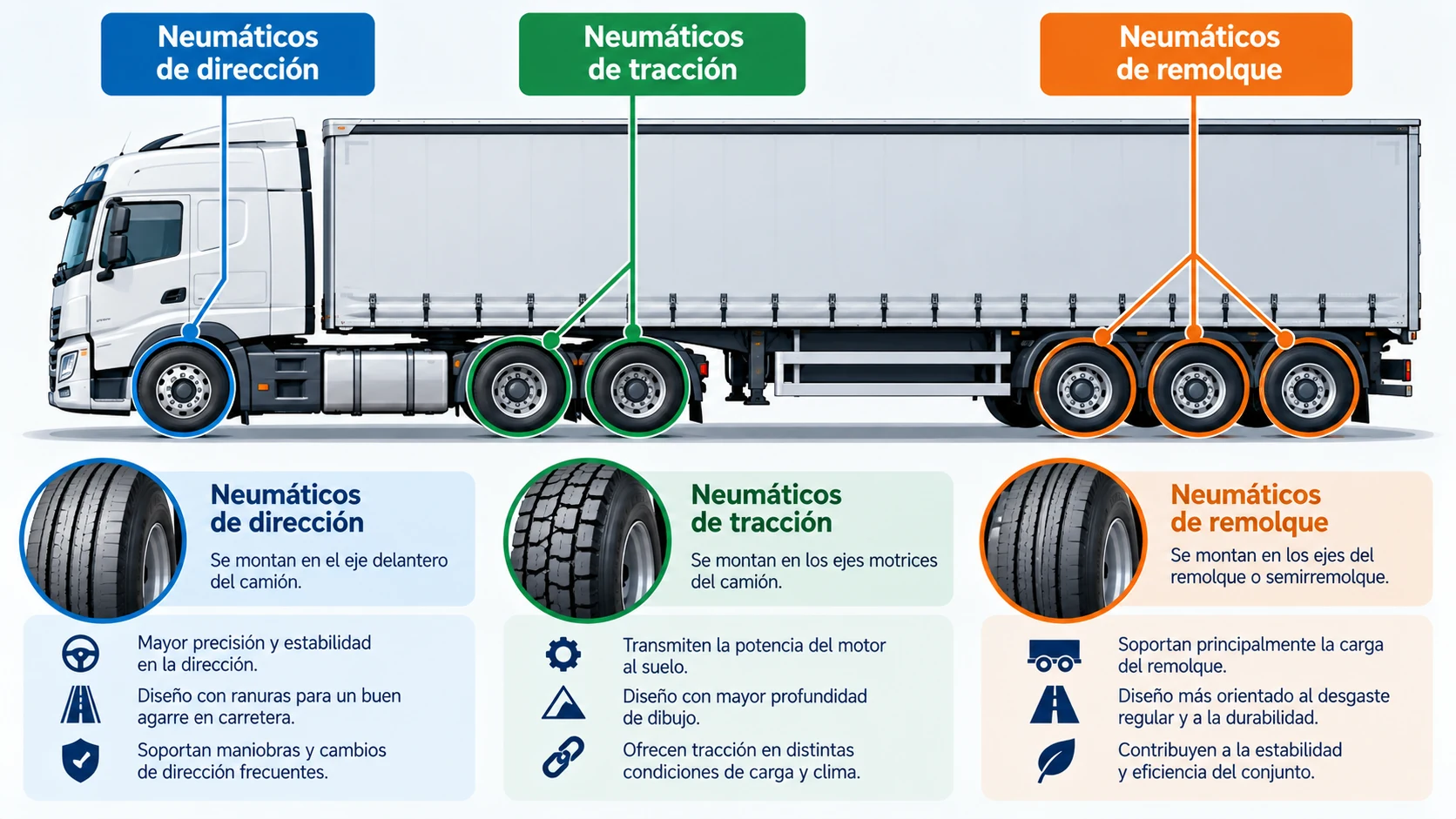 El neumático por posición: cada eje, su goma