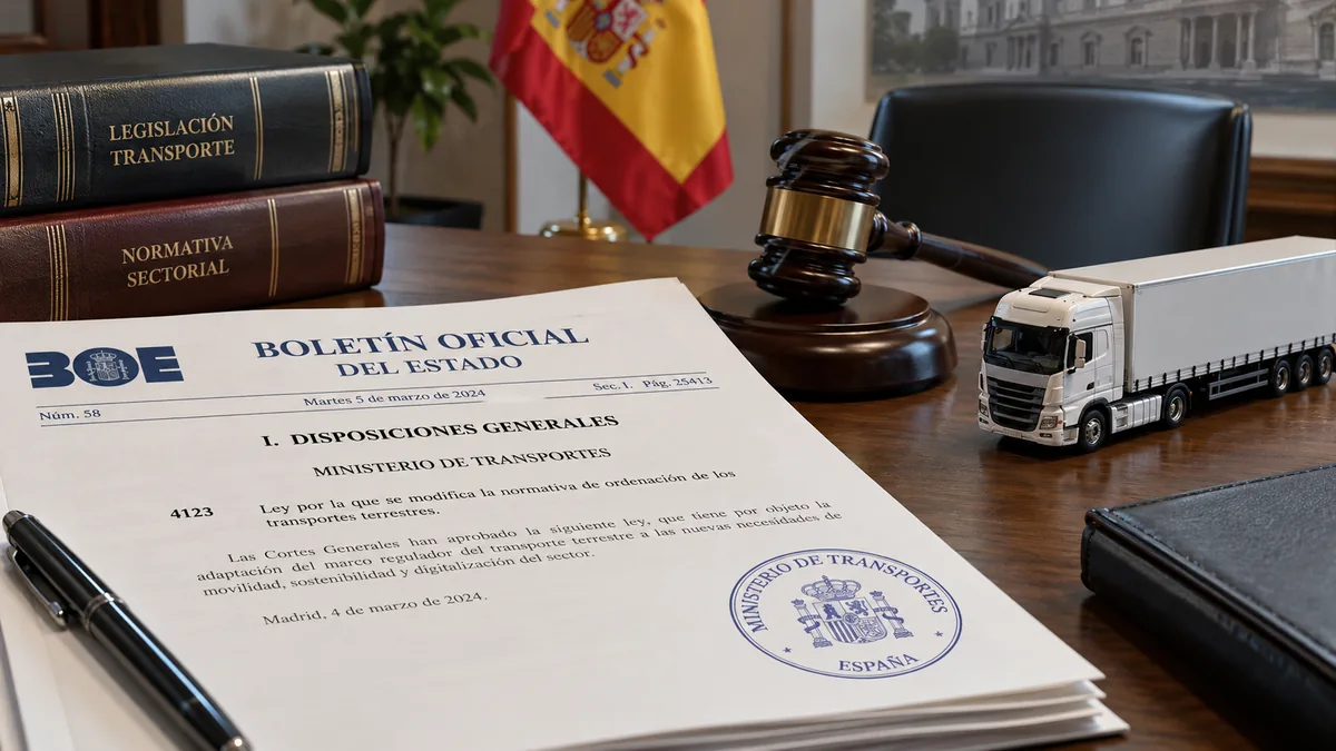 Normativa de transportes 2026: Boletín Oficial del Estado con la nueva ley de transporte y una maqueta de camión