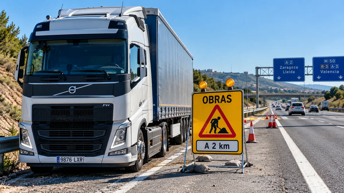 Camión de autónomo junto a señalización de obras en una autovía española