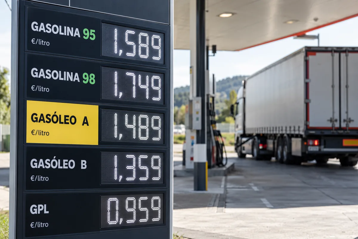 Panel con el precio del combustible y el gasoil en una gasolinera española en 2026