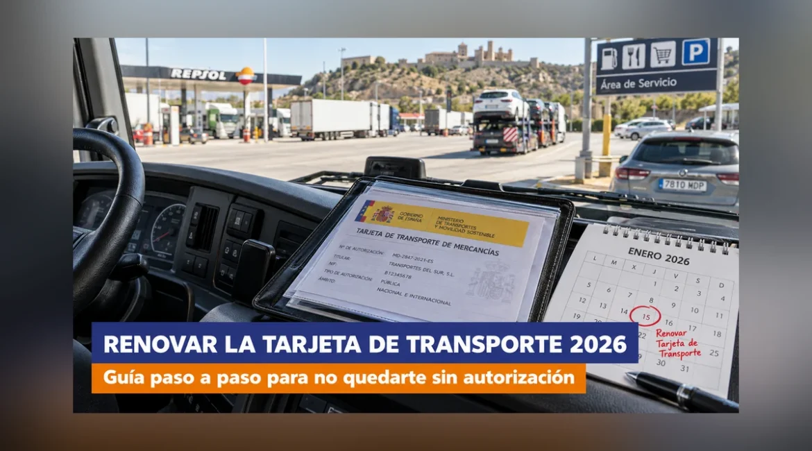 Renovar la tarjeta de transporte de mercancías en 2026: cabina de camión con la autorización y un calendario de enero marcado