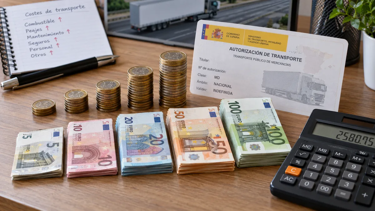 Monedas de euro ascendentes junto a una autorización de transporte, subida de tasas 2026