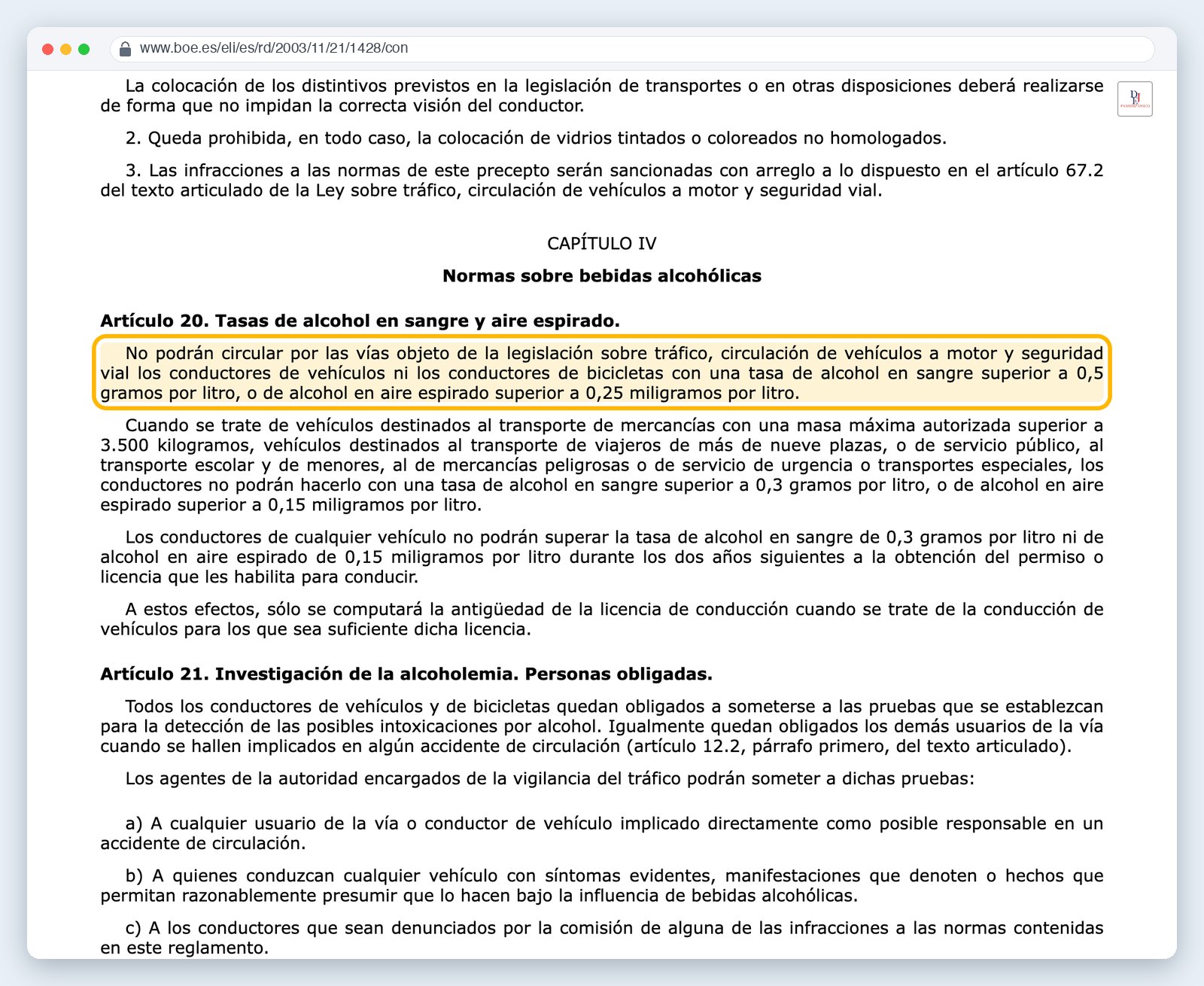Artículo 20 del Reglamento General de Circulación en el BOE: tasas de alcohol