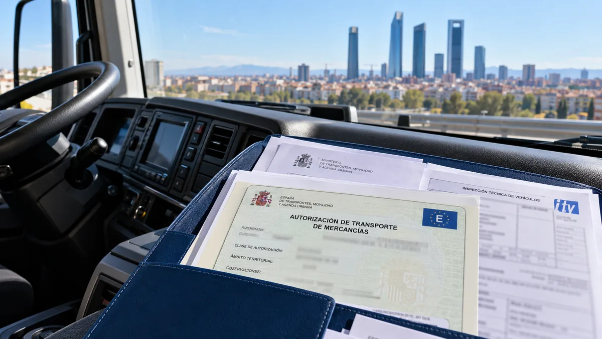 Tarjeta de transporte de mercancías en Madrid sobre el salpicadero de un camión con el skyline de la ciudad al fondo
