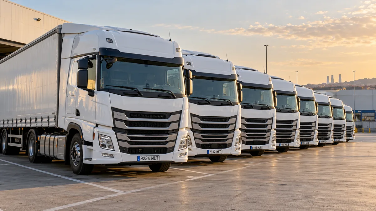 Flota de camiones de una cooperativa de transporte alineados en Madrid