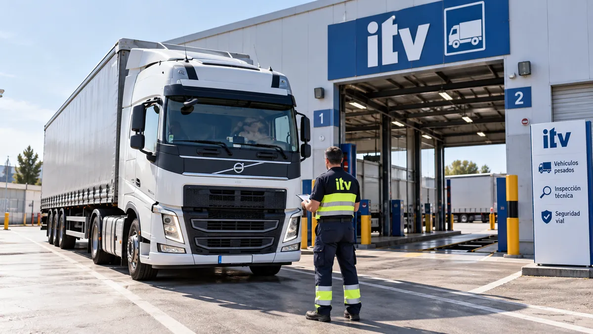 Camión pasando la inspección técnica ITV como requisito para la tarjeta de transporte en Valencia